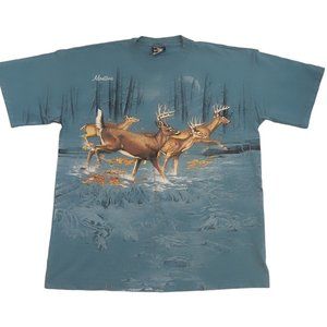 Vintage 1994 Habitat Deer Art Shirt Sz XL Single-Stitch Wrap-Around AOP Montana